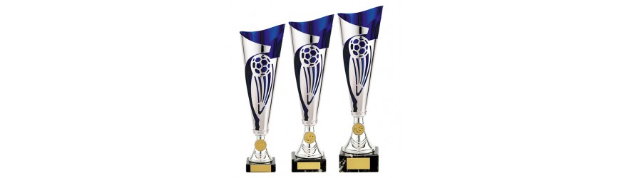 BLUE/SILVER LASER CUT FOOTBALL METAL CUPS  - AVAILABLE IN 3 SIZES (32.5CM - 36CM)